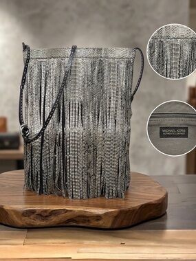 Michael Kors Collection Joni Gray Black Python Leather Fringe Fall Winter Clutch